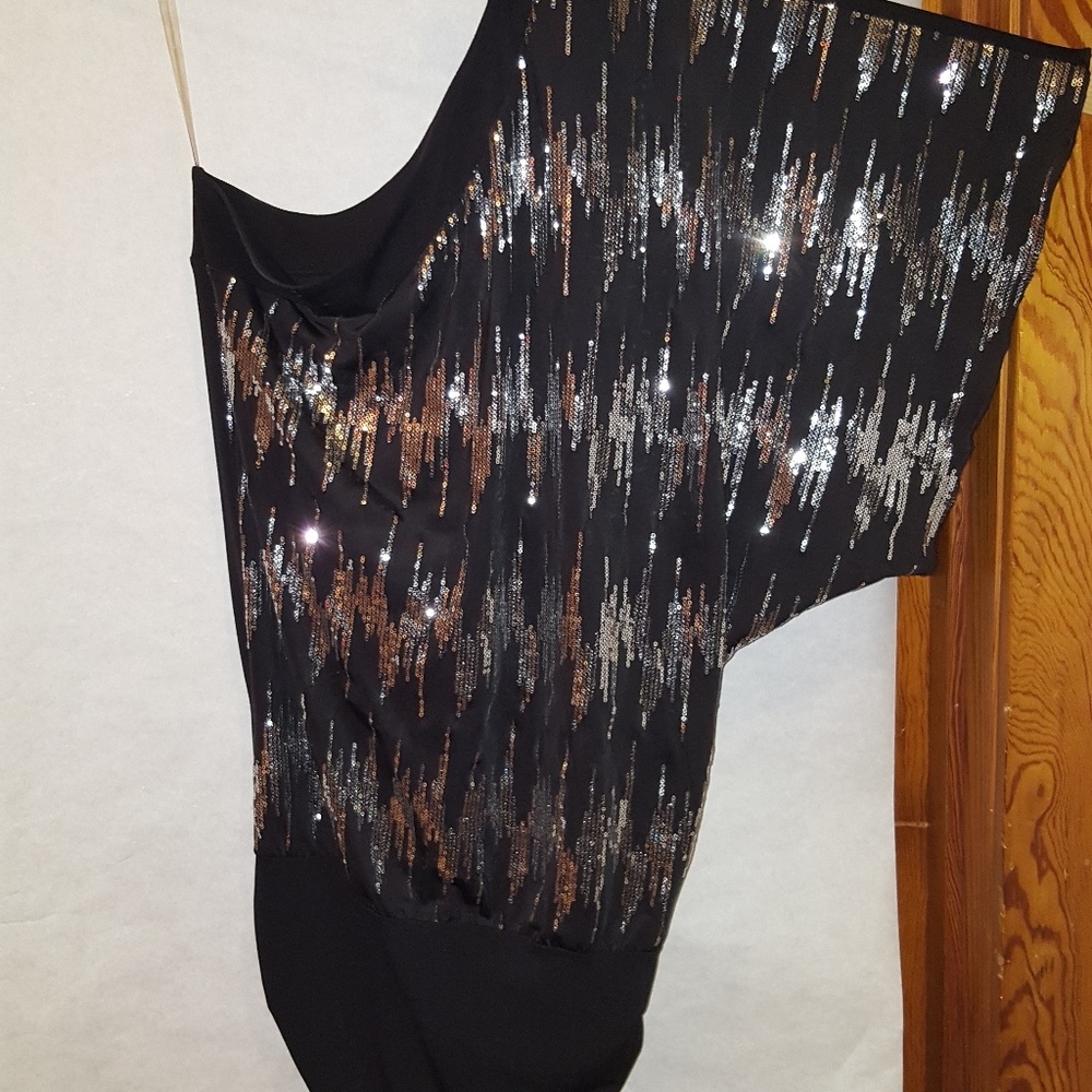 L Trixxi Black one shoulder dress with silver sequ